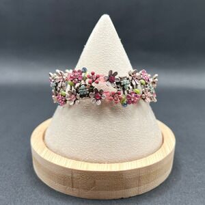 Floral Stretch Bracelet Pink Green Silver Rhinestone Enamel Flower Basket Spring